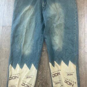 Vintage Don Men's Printed Logo Distress Hem Bootcut Denim Baggy Jeans Size 42